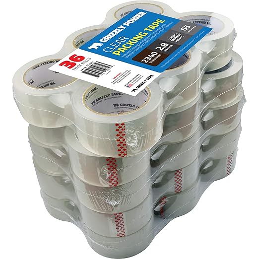 Grizzly Power Clear Packing Tape Refill Rolls for Shipping, Moving, Packaging - True 2 Inch x 65 Yards, 3 Inch Core, 2.8mil Thick, 36 Rolls Bulk Case-DeskLoop Office
