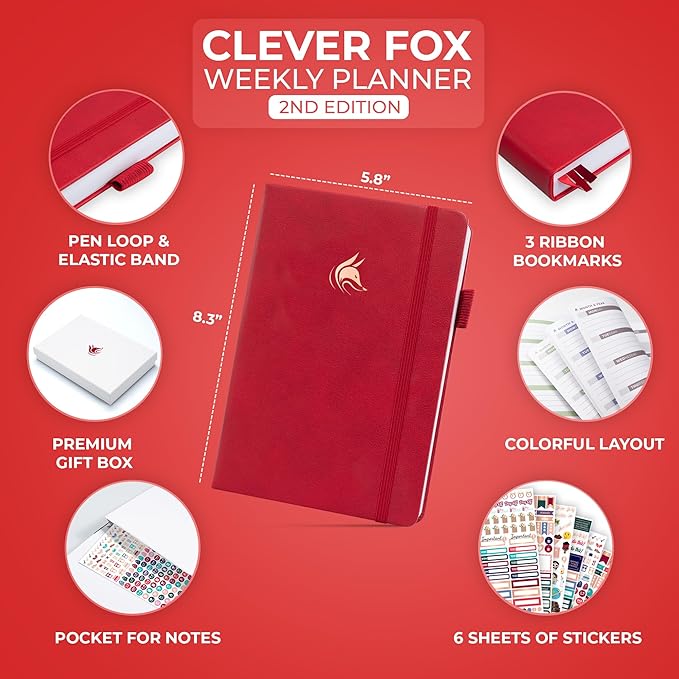 Clever Fox Planner 2nd Edition – Colorful Weekly & Monthly Goal Planner, Time Management & Productivity Organizer, Undated, A5 (Red)-DeskLoop Office