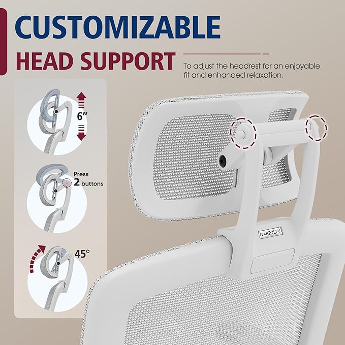 GABRYLLY Ergonomic Office Chair, High Back Home Desk Chair with Headrest, Flip-Up Arms, 90-120° Tilt Lock and Wide Cushion, 400LBS Mesh Chairs for Man Woman, White Task Chair(Grey,GY01WG)-DeskLoop Office