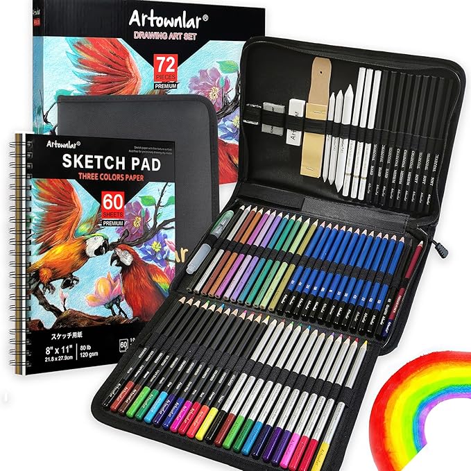 Artownlar 72 Pack Drawing Sketching Set with 8x11 Sketchbook | Pro Art Supplies Kit for Artist Adults Teens Beginner | Graphite Charcoal, Watercolor & Metallic Colored Pencils in Gift Case.-DeskLoop Office