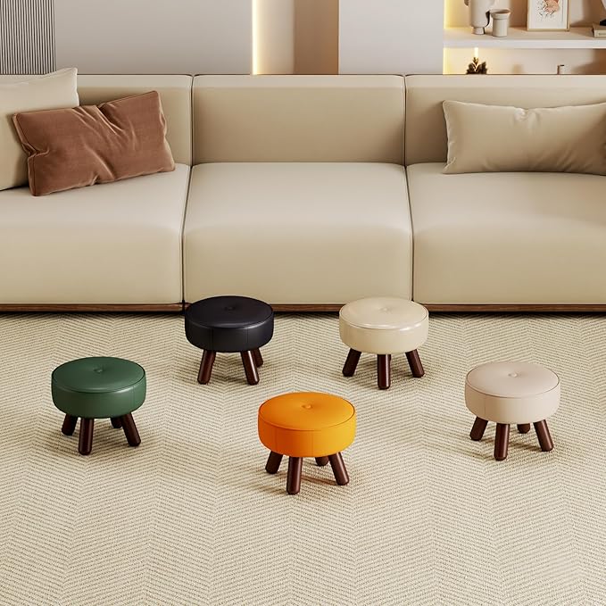 13in Small Foot Stool Ottoman, Round Faux Leather Foot Rest, Footstool Ottomans with Rubber Legs Under Desk, Footrest for Couch, Living Room, Bedroom, Office, 13''L x 13''W x 10.2''H, Black-DeskLoop Office