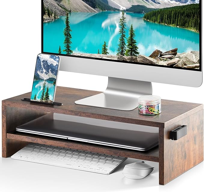 Marbrasse 16.5 Inch Monitor Stand, 2 Tier Computer Monitor Riser with Printer Shelf, Laptop Computer Screen Storage, Desktop Stand - Phone Holder & Cable Management (Vintage)-DeskLoop Office