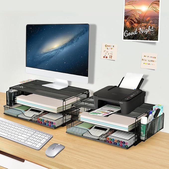 AUPSEN 2 Tier Computer Monitor Stands with Drawer and 2 Pencil Holder, Metal Monitor Stand Monitor riser, Computer Desk Organizer and Accessories for Laptop, Computer, Printer, Office Supplies(Black)-DeskLoop Office