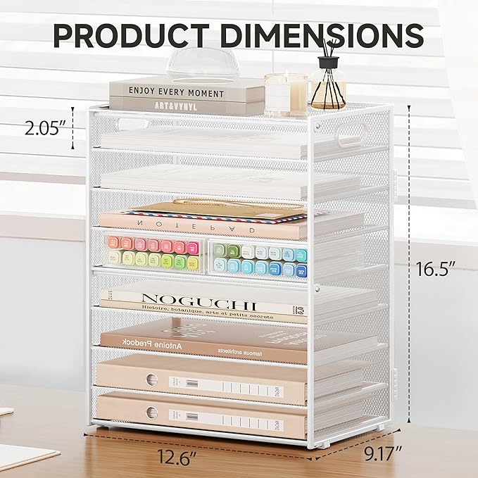 SUBEKYU 9 Tier Paper Letter Tray Desk Organizer with Handles - White Metal Mesh File Holder Paper Sorter Desk Organizer for Office Home School, Include 6 Pcs Adjustable Slid Tray, 6 Colors Available-DeskLoop Office