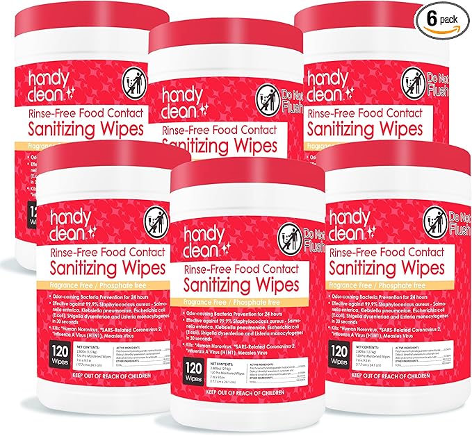 HandyClean Rinse-Free Food Contact Sanitizing Wipes Canister, Multi Surface Cleaning Wipes Cleaning Supplies for Kitchen and Professional Setting 6-Pack (120 Wipes Each)-DeskLoop Office