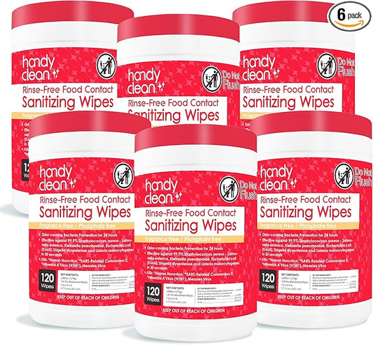 HandyClean Rinse-Free Food Contact Sanitizing Wipes Canister, Multi Surface Cleaning Wipes Cleaning Supplies for Kitchen and Professional Setting 6-Pack (120 Wipes Each)-DeskLoop Office
