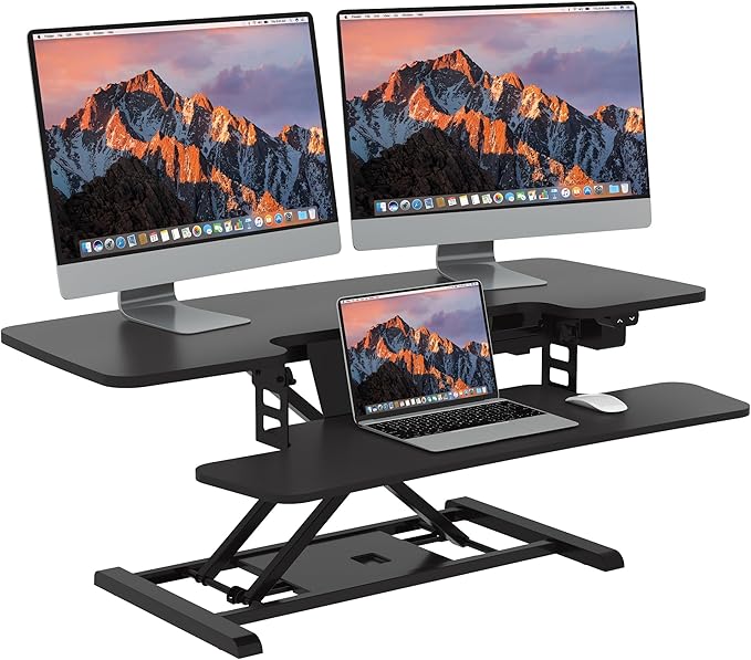 SANODESK 42" Electric Standing Desk Converter, Height Adjustable Riser for Office Home,Dual Monitor and Laptop Workstation with Large Keyboard Tray,Black Color-DeskLoop Office
