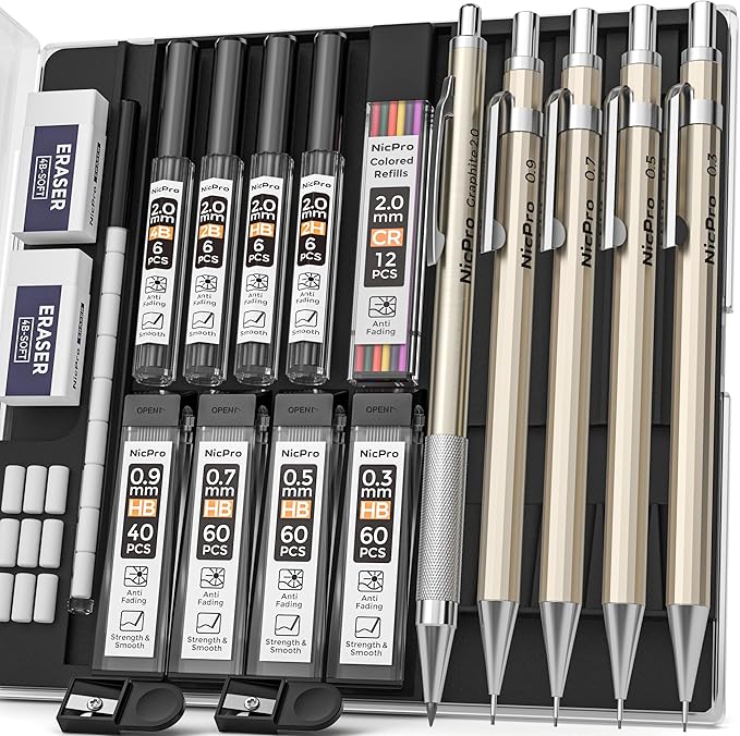 Nicpro 5 PCS Art Mechanical Pencils Set, Metal Drafting Pencil 0.3 & 0.5 & 0.7 & 0.9 & 2mm Graphite Lead Holder(4B 2B HB 2H Colored) for Sketching Drawing With Lead Refills Eraser Case-DeskLoop Office