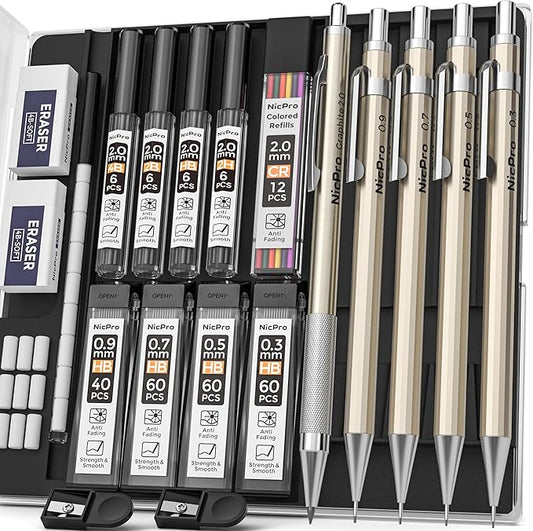 Nicpro 5 PCS Art Mechanical Pencils Set, Metal Drafting Pencil 0.3 & 0.5 & 0.7 & 0.9 & 2mm Graphite Lead Holder(4B 2B HB 2H Colored) for Sketching Drawing With Lead Refills Eraser Case-DeskLoop Office