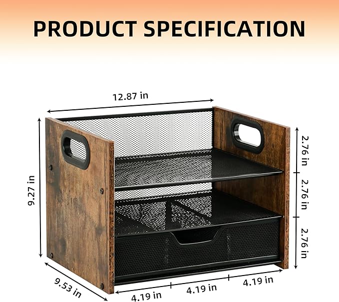 Wood Desk Organizer - 3-Tier Desktop File Organizer with Drawer, Wooden Paper Tray, Office Desk Organzier and Accessories for Papers, Mail, Notebooks, Stationery-DeskLoop Office