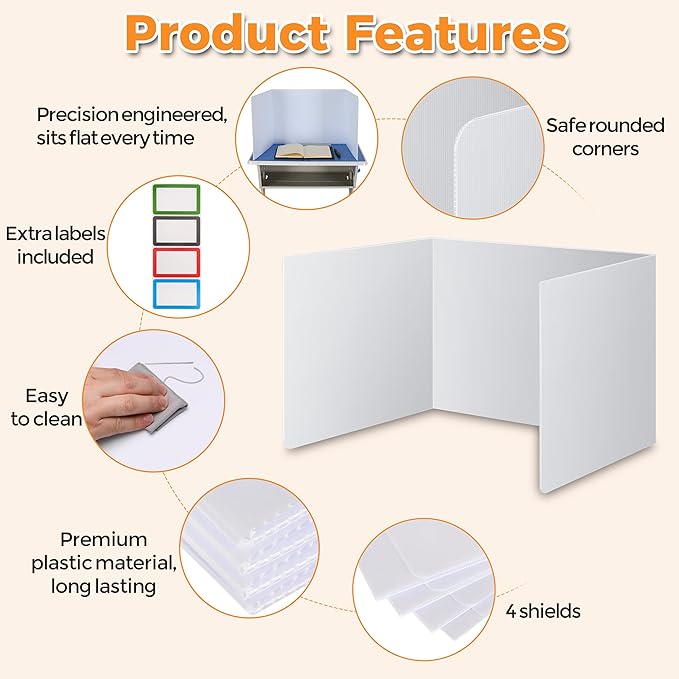 4-Pack Classroom Privacy Shields for Student Desks - Easy to Clean Plastic Desk Divider Folder Study Carrel Sneeze Guard for Student Testing Dividers Boards-DeskLoop Office