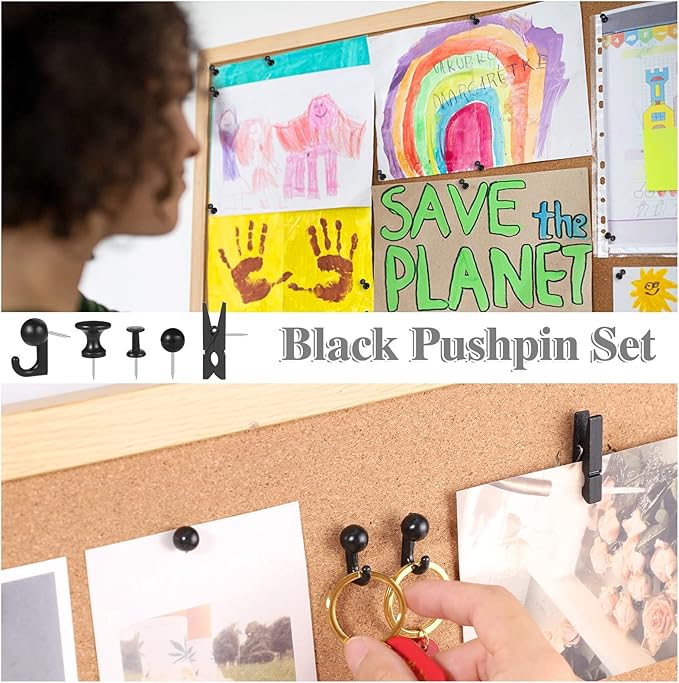 200 Pieces Push Pins Thumb Tacks Black Push Pins for Cork Board, 5 Style for Bulletin Boards Wall Maps Pictures Office Home Supplies-DeskLoop Office