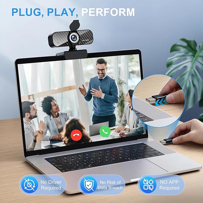 Webcam Full HD 1080P with Built-in Microphone and Rotatable Tripod, Carbon Fiber Board and Privacy Cover, Auto Light Correction, Adjustable FOV, Plug&Play for Zoom/Skype/Facetime/YouTube, Laptop/PC-DeskLoop Office