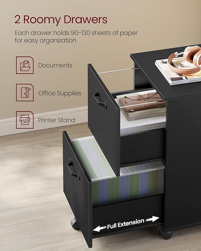 VASAGLE 2-Drawer File Cabinet, Small Rolling Filing Cabinet for Home Office, Printer Stand, for A4, Letter-Size Documents, 15.7 x 16.5 x 27.6 Inches, Matte Black UOFC040B16-DeskLoop Office