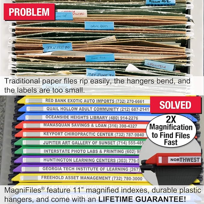 Ultimate Office MagniFile Hanging File Folders V Base Letter Size with 11 inch Magnified Indexes That Double The Size of Your File Titles to Find Files Fast. (Set of 10 Assorted)-DeskLoop Office