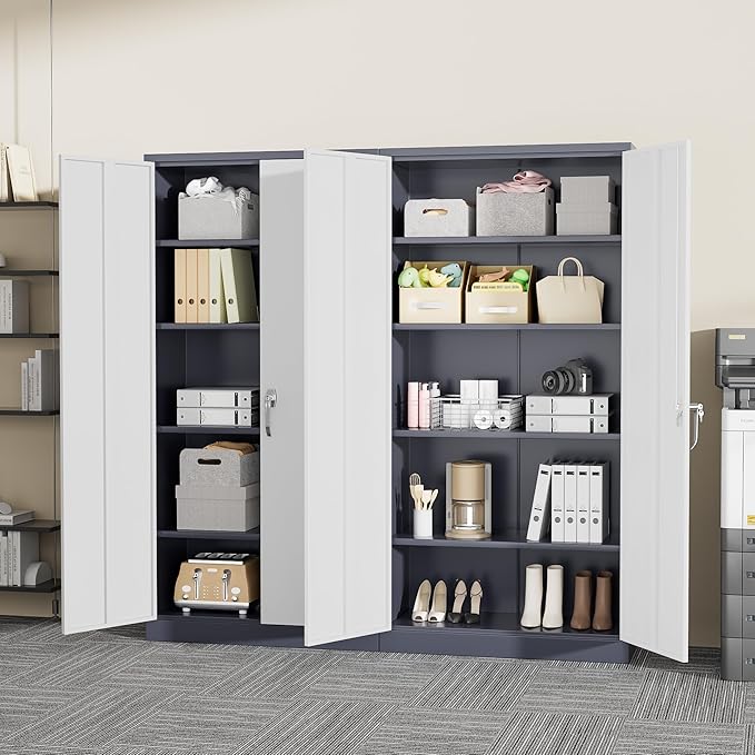 Greenvelly Metal Garage Storage Cabinet, Tall Steel Storage Cabinets with 2 Doors and 4 Adjustable Shelves, Metal Tool Cabinets, Locking File Cabinet for Home Office, Garage, School (Gray White)-DeskLoop Office