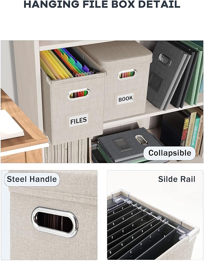 Oterri File Organizer With Lid, Hanging Filing Box With Mesh Pocket, Document Organizer for Letter Files, Portable Storage With Smooth Sliding Rail for Office & Home (2 PCS, Beige)-DeskLoop Office