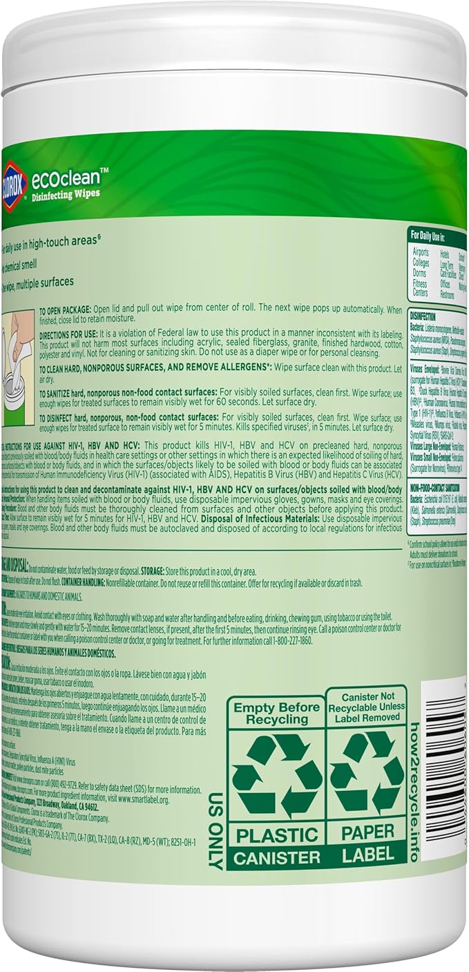 CloroxPro Clorox EcoClean Disinfecting Wipes, Multipurpose 100% Plant Based Cleaning Cloths, Antibacterial Disinfectant, Safe for Multi Surface Use, 75 Count (Pack of 6)-DeskLoop Office