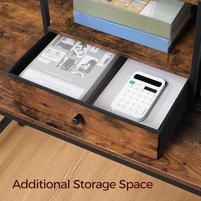 Home Printer Stand for Desk, Desktop Printer Table with Storage Drawer and Side Book Stand, 2-Tier Printer Shelf, Desk Organizer for Home Office, Rustic Brown and Black PTHR3001-DeskLoop Office