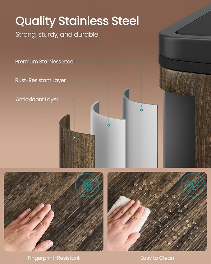 SONGMICS Trash Can, 2 x 8-Gallon Garbage Can for Kitchen, with 15 Trash Bags, 2 Compartments, Plastic Inner Buckets and Hinged Lids, Airtight, Dark Walnut ULTB060N02V1-DeskLoop Office