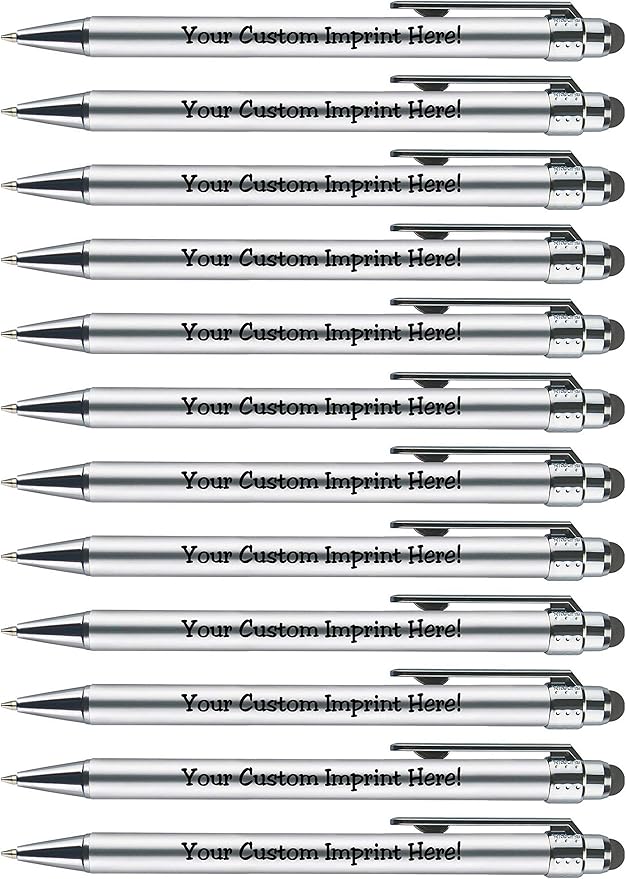 Personalized Pens with Stylus Tip -Bright Vibes- Click action - Custom - Black writing - Printed Name pens - Imprinted with Your Logo or Message - FREE PERSONALIZATION - 12 Pens/Box (Silver)-DeskLoop Office