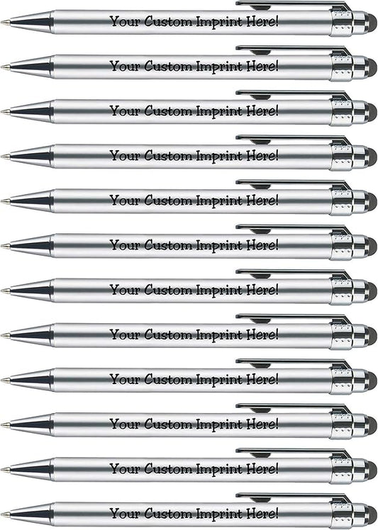 Personalized Pens with Stylus Tip -Bright Vibes- Click action - Custom - Black writing - Printed Name pens - Imprinted with Your Logo or Message - FREE PERSONALIZATION - 12 Pens/Box (Silver)-DeskLoop Office
