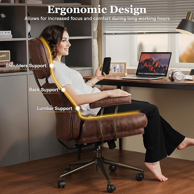 Mid Century Modren Large Office Chair, Big and Tall Ergonomic Executive Chair for Heavy Duty People, Computer Desk Task Chair with Wheels, Faux Lether Fabric Wide Chair for Home Sturdy,Dark Brown-DeskLoop Office