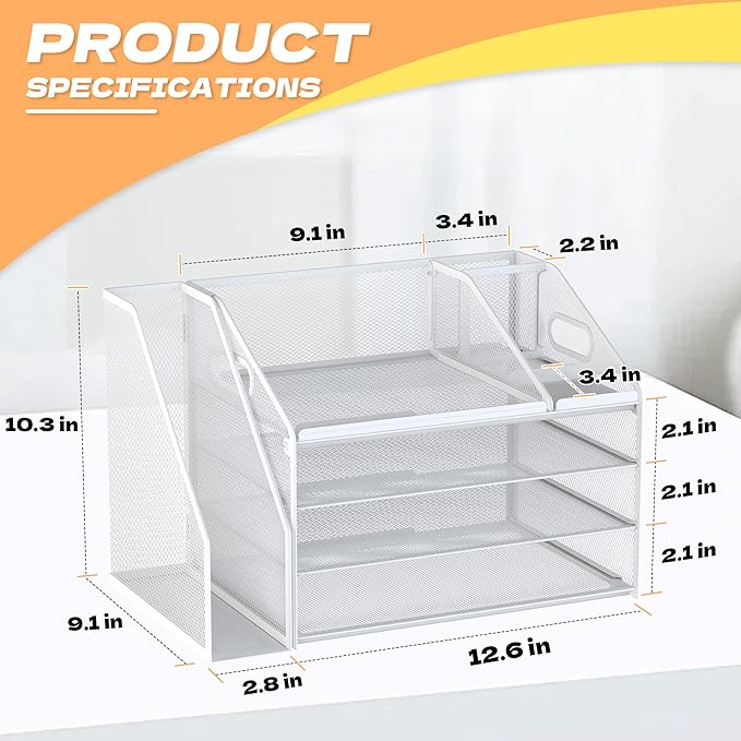 DocNest 4 Tier Paper Letter Tray File Organizer, Mesh Desk File with Handle, Workspace Desk Organizers with Pen Holder, Office Organization Storage Accessories - White-DeskLoop Office