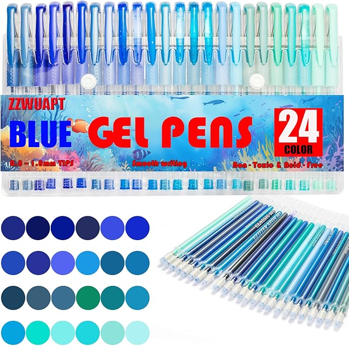 Blue Gel Pens for Coloring Book,72 Color Gel Pens Set including 24 Color Gel Pen with 48 Refills,40% More Ink Colored Gel Pens for Drawing, Doodling, Scrapbook, Journaling-DeskLoop Office