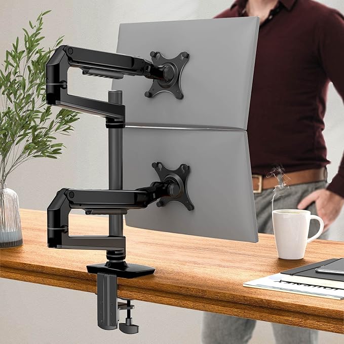 Dual Monitor Mount, Holds Screens up to 40 Inches and 25 lbs, Fully Adjustable Dual Monitor Arm with C-Clamp and Grommet Base, Aluminum, Black-DeskLoop Office