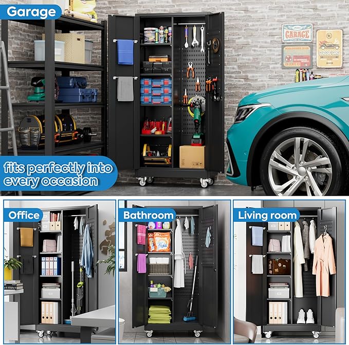Garage Storage Cabinet with Wheels, Metal Tool Cabinet with Pegboards and 4 Adjustable Shelves, Garage Storage System with Lockable Door for Shools, Offices, Gyms and Pantries, Black-DeskLoop Office