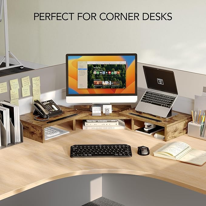 AMERIERGO Dual Monitor Stand Riser- 3 Shelf Screen Stand with Adjustable Length and Angle, 2 Extra Functional Slot Desktop Organizer Stand for PC, Computer, Laptop (Rustic Brown)-DeskLoop Office