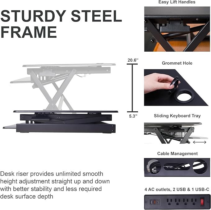 Rocelco 40" Height Adjustable Standing Desk Converter with AC Outlet USB Charger and Dual Monitor Arm Mount - Sit Stand Up Tabletop Riser - Sliding Keyboard Tray - Black (R DADRB-40-ACUSB-MA2)-DeskLoop Office