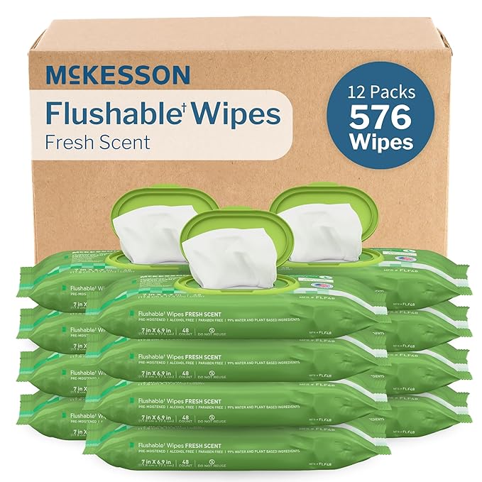 McKesson Flushable* Adult Wet Wipes – 576 Wipes (12 Pack of 48) – Aloe & Vitamin E, Plant-Based Cleansing Wipes, Scented-DeskLoop Office