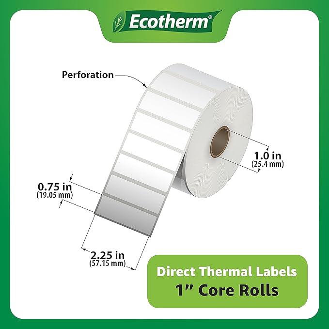 2.25" x .75" Thermal Labels | 4 Rolls | 7120 Labels | fits Zebra, Munbyn, Rollo, Godex, Arkscan, iDPRT, Offnova Thermal Label Printers and More | Blank White Adhesive Stickers by Ecotherm-DeskLoop Office