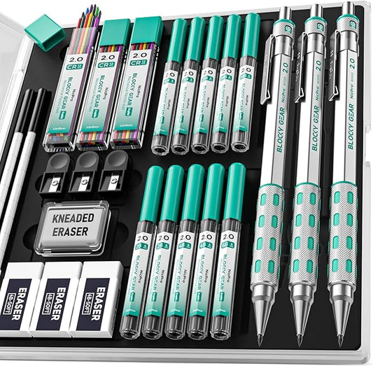 Nicpro 2mm Mechanical Pencils in Case, 3 Pack Blocky Gear Metal Drafting Lead Holder with 13 Tubes 2mm Lead Refills (HB 2B 2H 4B 4H 6B & Colors), Erasers for Carpenter Writing Drawing Woodworking-DeskLoop Office