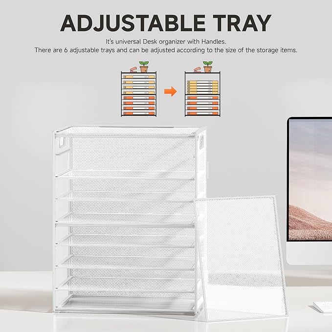 SUBEKYU 9 Tier Paper Letter Tray Desk Organizer with Handles - White Metal Mesh File Holder Paper Sorter Desk Organizer for Office Home School, Include 6 Pcs Adjustable Slid Tray, 6 Colors Available-DeskLoop Office