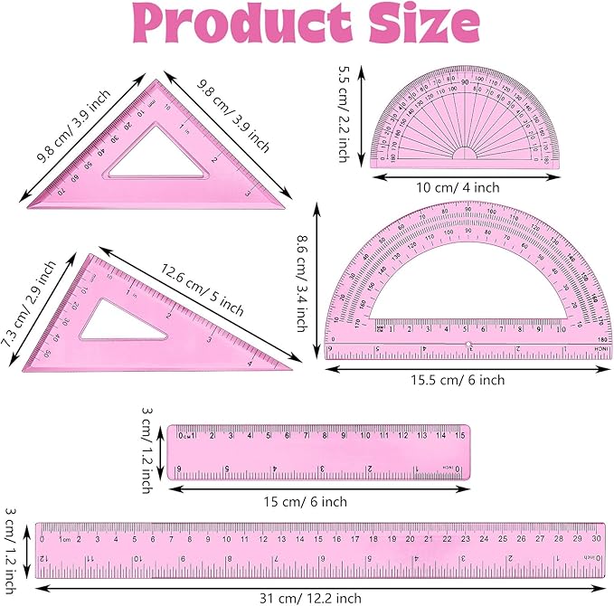 Tenare 1 Set Plastic Clear Math Set Includes Protractor Triangle Rulers 12 Inch 6 Inch Straight Geometry Math Transparent Ruler Measuring Tool for School Office Home Supplies(Pink)-DeskLoop Office
