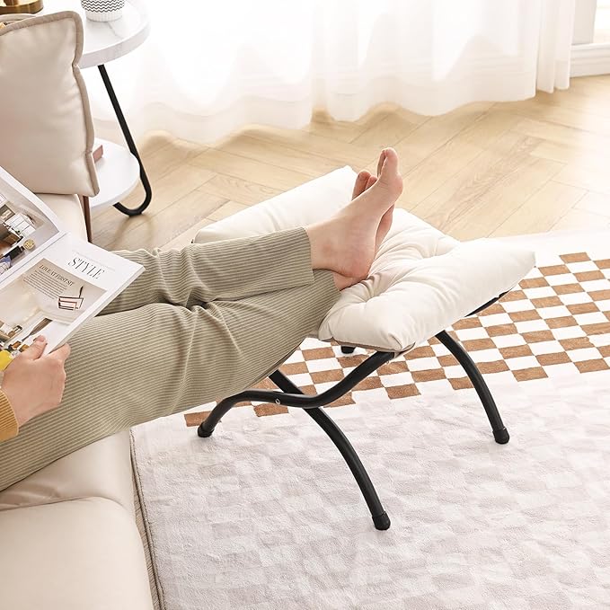 LITA Folding Upholstered Footrest Stool, Modern Small Portable Accent Ottoman with Detachable Thick Cotton Cushion Padded Sofa Stool with Metal Frame for Lazy Chair, Living Room & Bedroom, Beige-DeskLoop Office