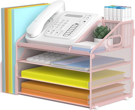 DocNest 4 Tier Paper Letter Tray File Organizer, Mesh Desk File with Handle, Workspace Desk Organizers with Pen Holder, Office Organization Storage Accessories - Pink-DeskLoop Office