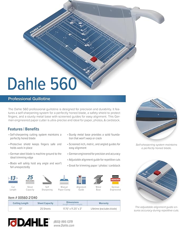Dahle 560 Professional Guillotine Trimmer, 13" Cut Length, 25 Sheet Capacity, Self-Sharpening, Safety Shield, German Engineered Paper Cutter-DeskLoop Office