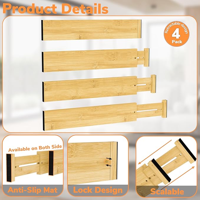 BAMEOS 3" H Bamboo Drawer Dividers - Adjustable Expandable Drawer Organizer - Kitchen, Bathroom, Bedroom & Office, 4-pack-DeskLoop Office