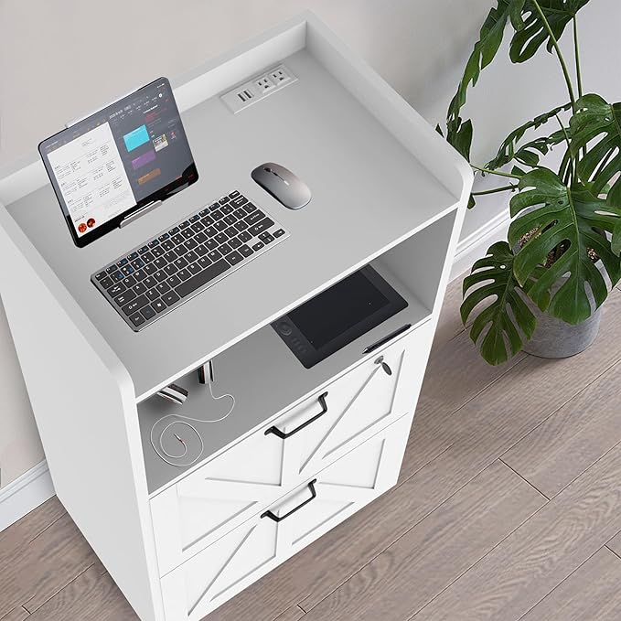 2 Drawer Lateral File Cabinet with Charging Station, Wood Filing Cabinet with Lock & LED Light, Large Storage Printer Stand for Home Office, White-DeskLoop Office