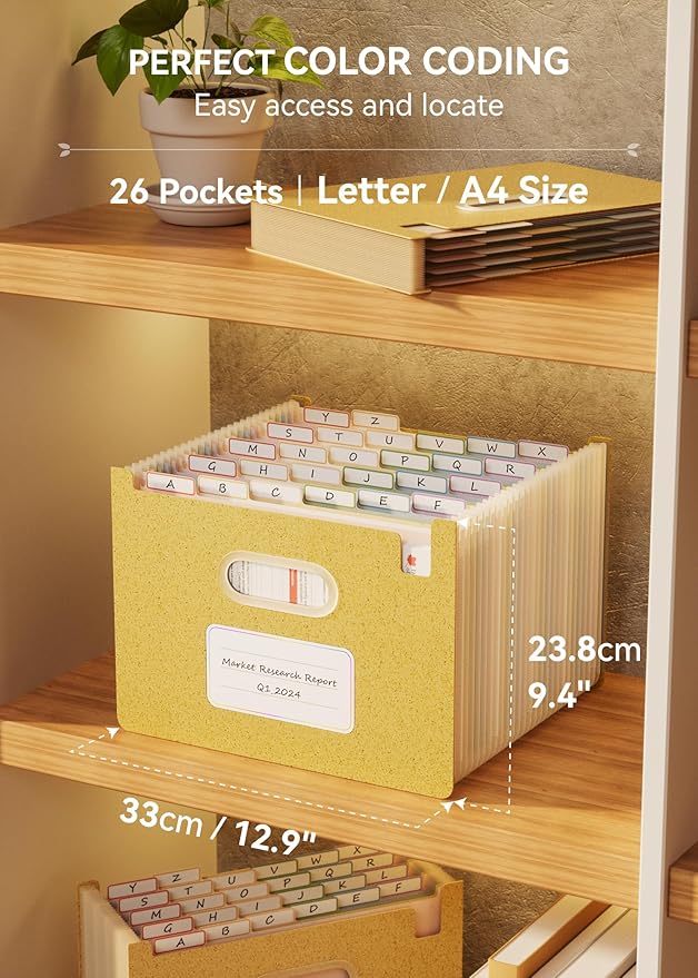 Accordion File Organizer, 26 Pockets Wheat Straw Expanding File Folders, Upright&Open Top, A-Z Bill Receipt Organizer, 100% BPA Free, Return to Nature, Healthy Living, Letter/A4 Size-Wheat Yellow-DeskLoop Office