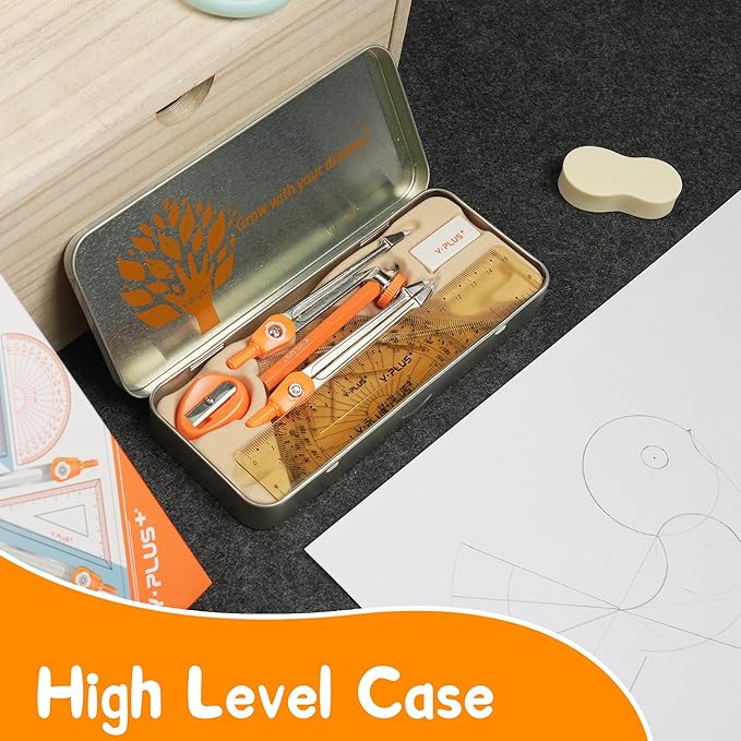 YPLUS Geometry Set for Students, Math Protractor Compass, Box of Protactors Kit for Class Supplies and School Kids Toddler - 11 Pcs-DeskLoop Office