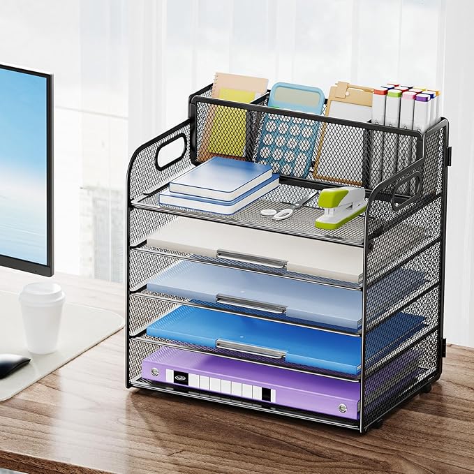 Marbrasse 5 Tier Paper Organizer with 3 Pen Holders, Mesh Desk File Organizer with Handle, Paper Sorter Desk Organizer for Home Office Supplies(Black)-DeskLoop Office