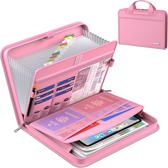 ENGPOW Accordion File Organizer,Fireproof Expanding File Folder with Multi Pockets,13 Pockets Document Organizer with Handle & Labels,Portable Home Travel Safe Storage Folder for Letter A4 Files,Pink-DeskLoop Office