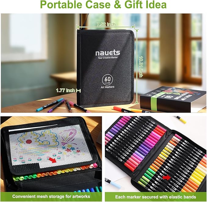 nauets 60 Colors Brush & Fine Dual Tip Watercolor Markers Set for Kids Adults Coloring Books No Bleeding Paint Pens For Drawing Note taking Planner Calligraphy Journaling Card Making Art Supplies-DeskLoop Office