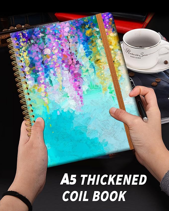 Ruled Spiral Writing Notebook,A5 Hardcover Lined College Journal for Women Lady,Fashion Puppy Watercolor Strong Twin-Wire Binding with Premium Paper,8.4" X 6",Perfect for School,Office,Home Gifts(Oil Painting Spring Flowers)-DeskLoop Office