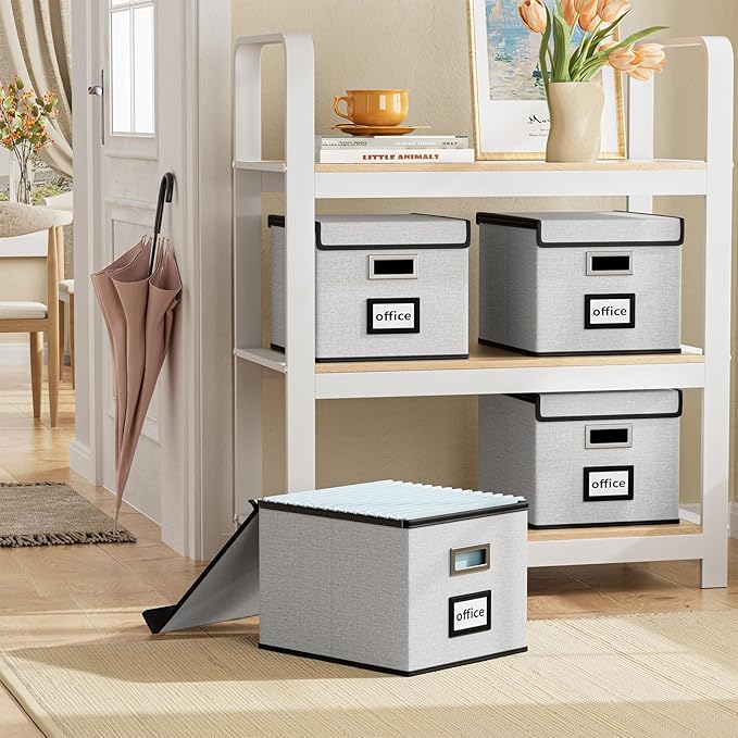 Huolewa File Organizer Box with Lid, Collapsible File Folder Organizer for Office Document Storage, Filing Box with Plastic Slide for Letter/Legal Size Hanging Files, Light Grey-DeskLoop Office